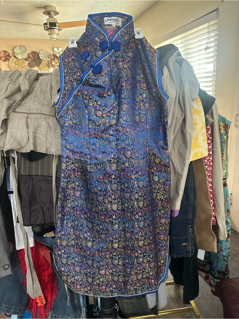 Plants Blue Floral Brocade Cheongsam-Style Midi Dress by